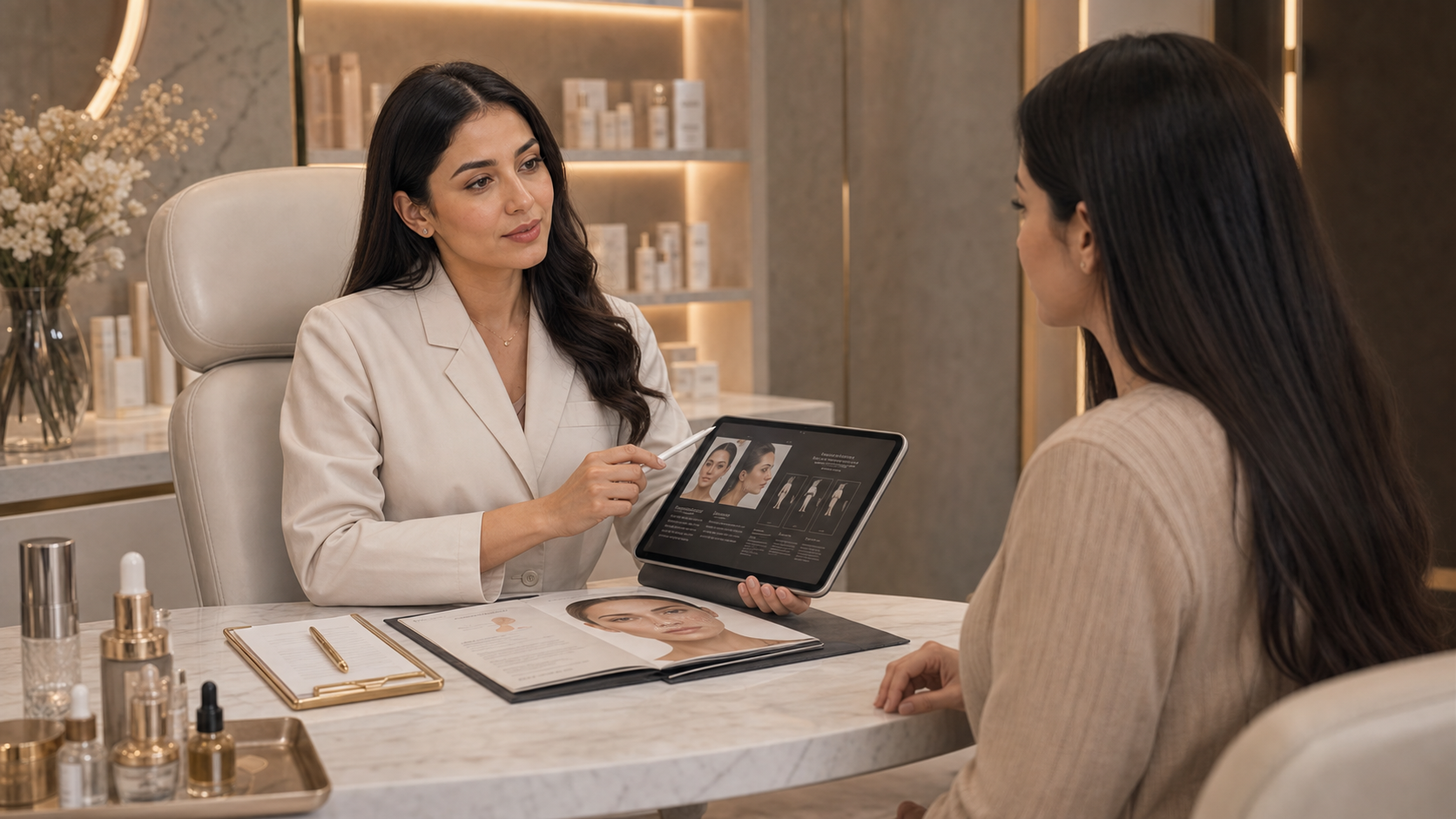 Cosmetic surgery consultation with treatment planning tablet