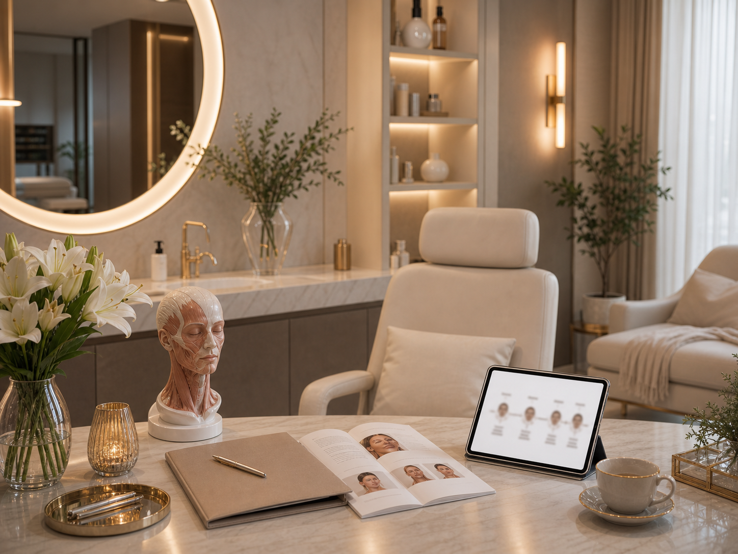 Private cosmetic surgery consultation lounge with planning materials