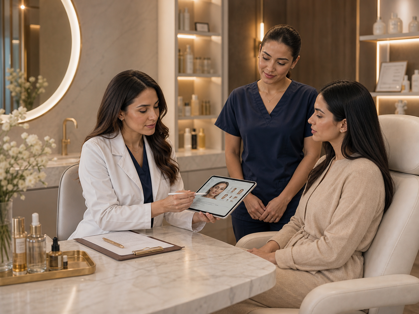 Female cosmetic surgeon and assistant reviewing follow-up plan with a patient